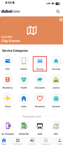 Select the "Driving" option on the DubaiNow App to start the process of paying for parking.