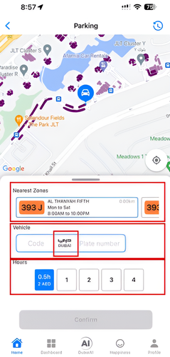 Select the zone number, vehicle number plate information, and number of hours to complete the process. 