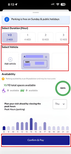 Select parking hours and the registered vehicle in the RTA App