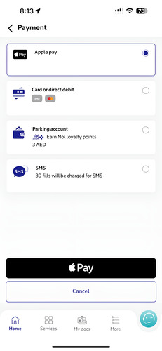 Payment options for parking fee using the RTA App