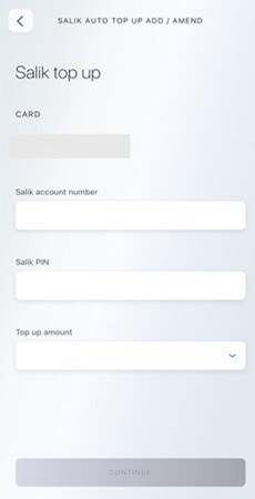 Salik toll funds Top up through Emirates NBD App requiring pin code, account number, and top up amount. 