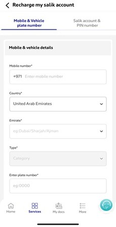 Top up balance for Salik through RTA App - Enter vehicle information