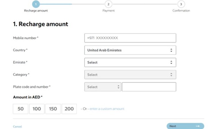 Recharge form to top up Salik balance