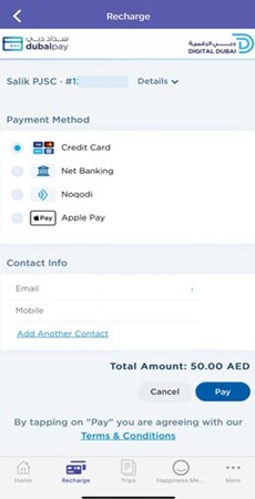 Payment details page on the Smart Salik application which includes different options to top up salik balance