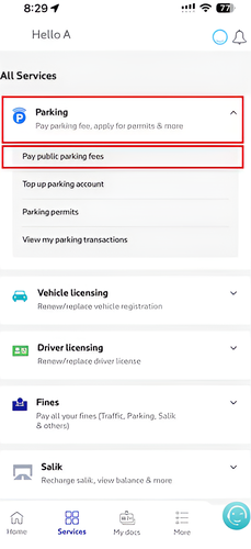 Choose Parking option on the RTA App to begin the process of paying for parking in Dubai.