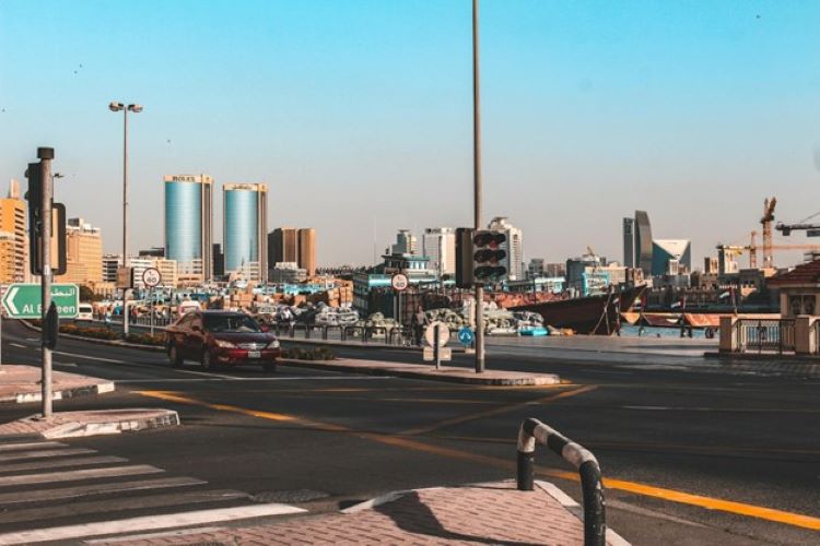 Road traffic lights and intersection in Dubai